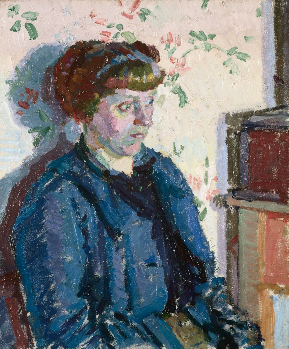 a painting of a woman sitting in a chair