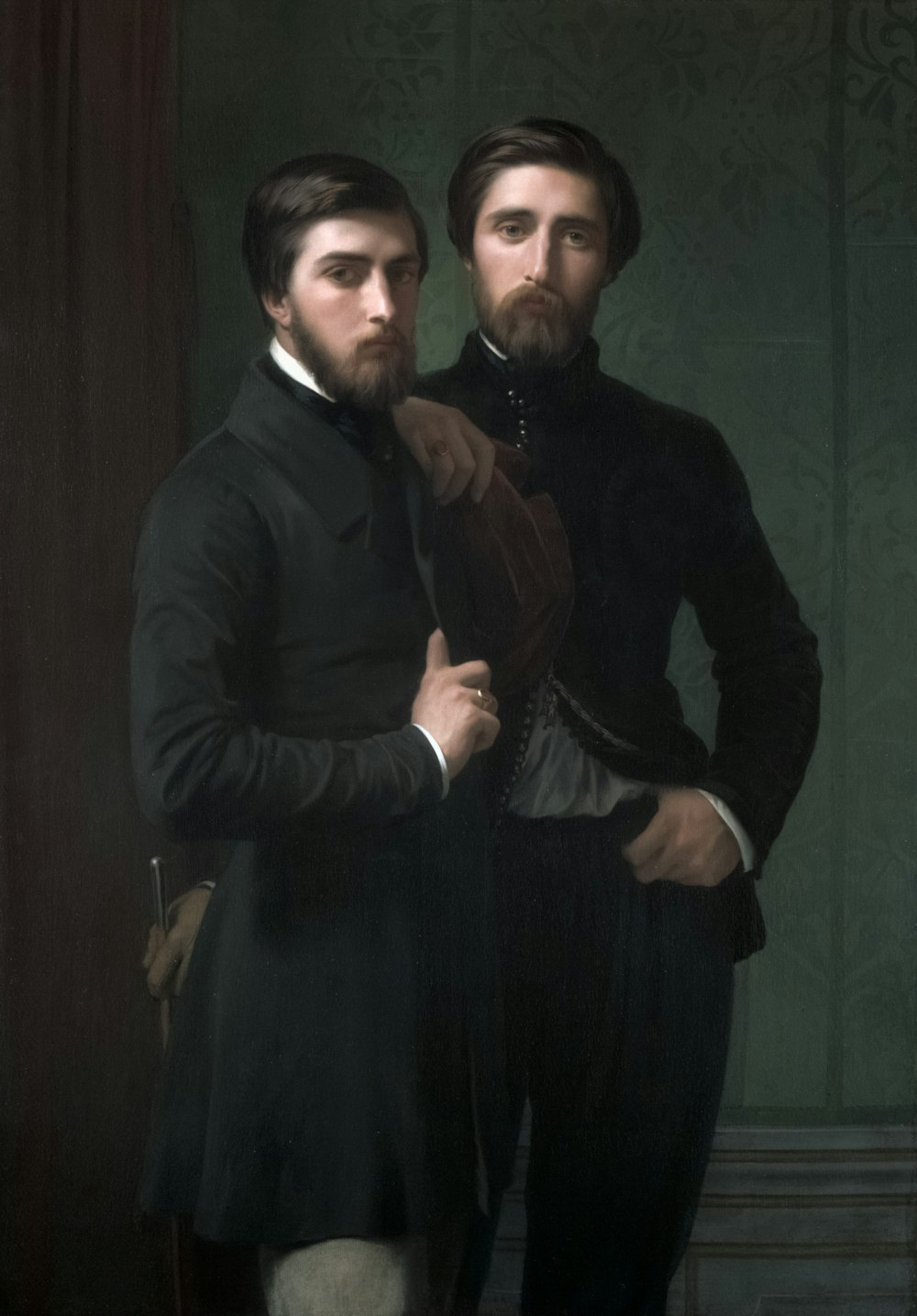 un dipinto di due uomini in piedi l'uno accanto all'altro