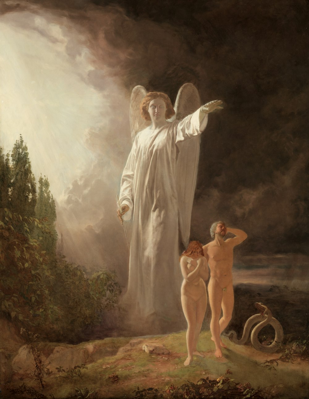 a painting of an angel standing next to a naked man