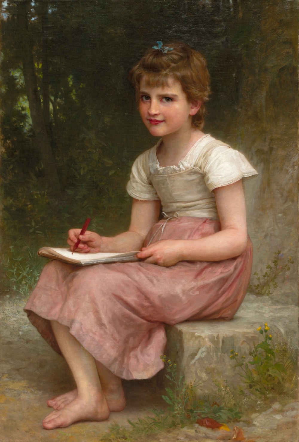 a painting of a young girl writing on a book