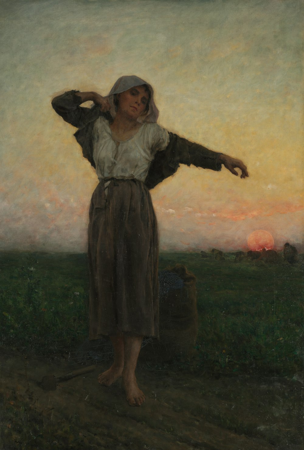 a painting of a woman standing in a field