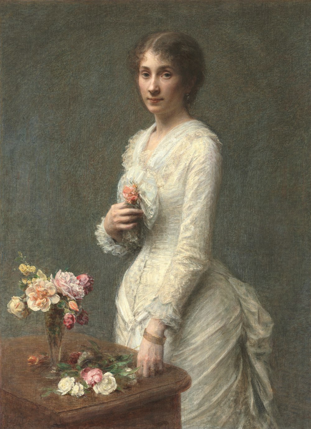 a painting of a woman in a white dress