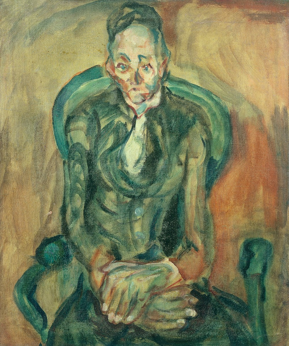 a painting of a man sitting in a green chair