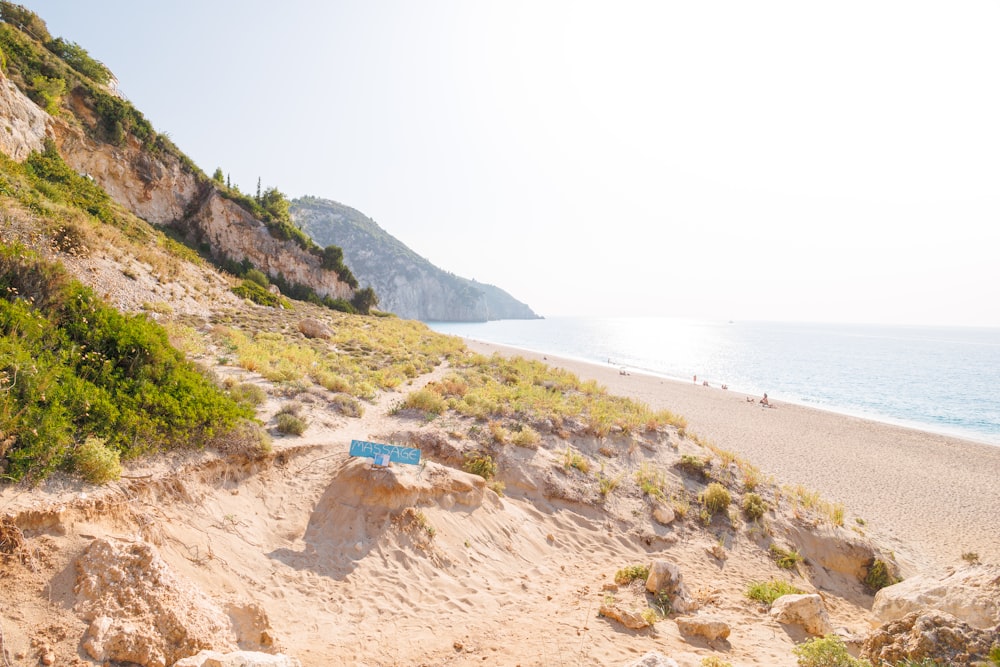 a blue bench sitting on top of a sandy beach