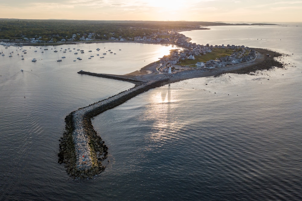 an aerial view of a small island in the middle of a body of water