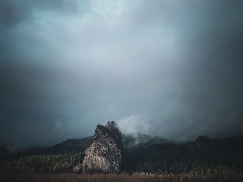 a large rock in the middle of a field