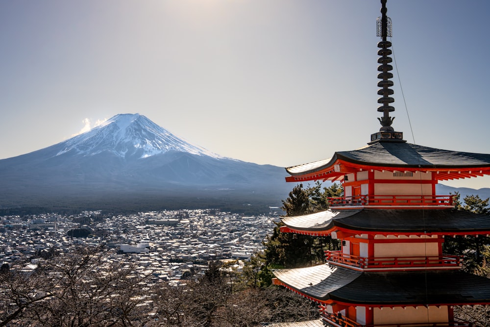 a pagoda with a mountain in the background