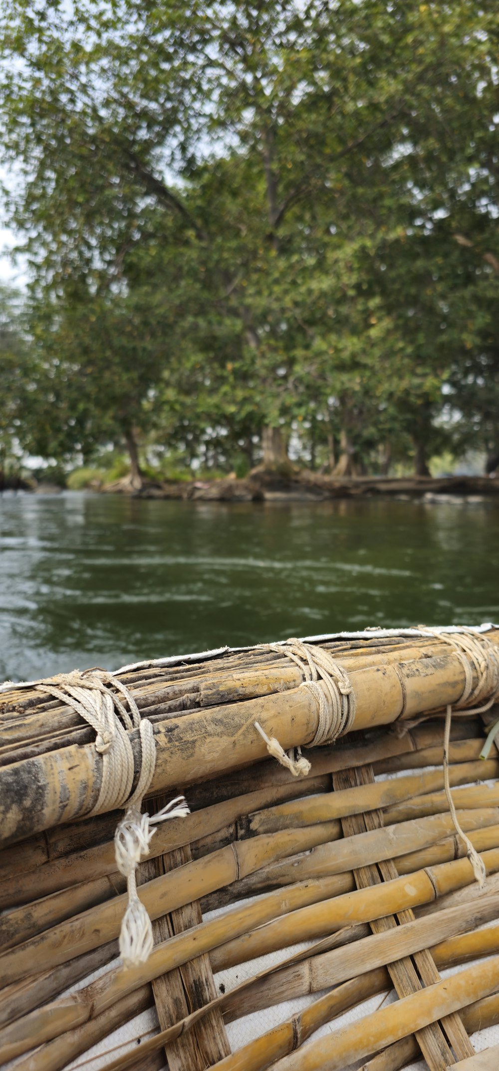 a close up of a bamboo boat on a body of water