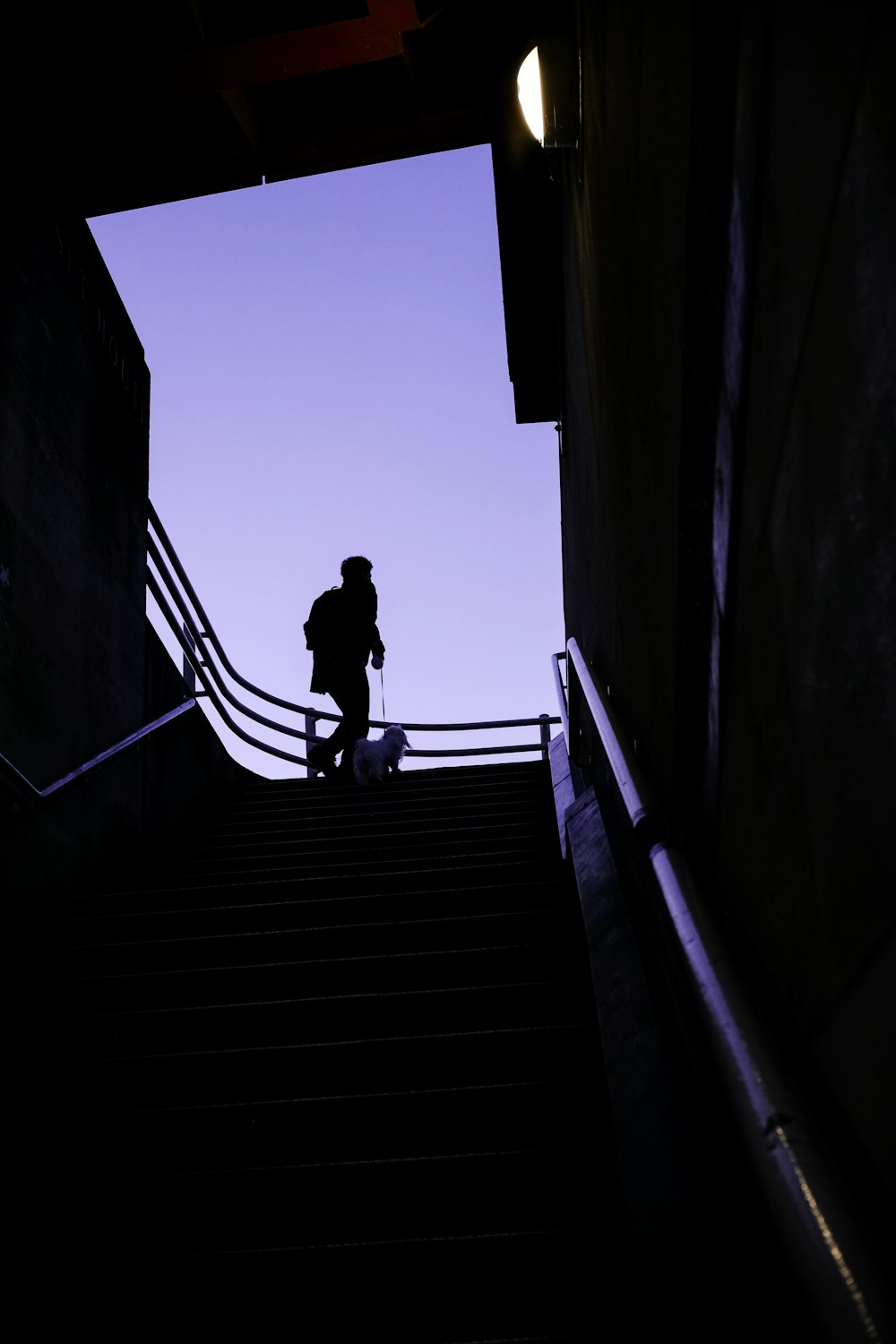 a man walking up a flight of stairs