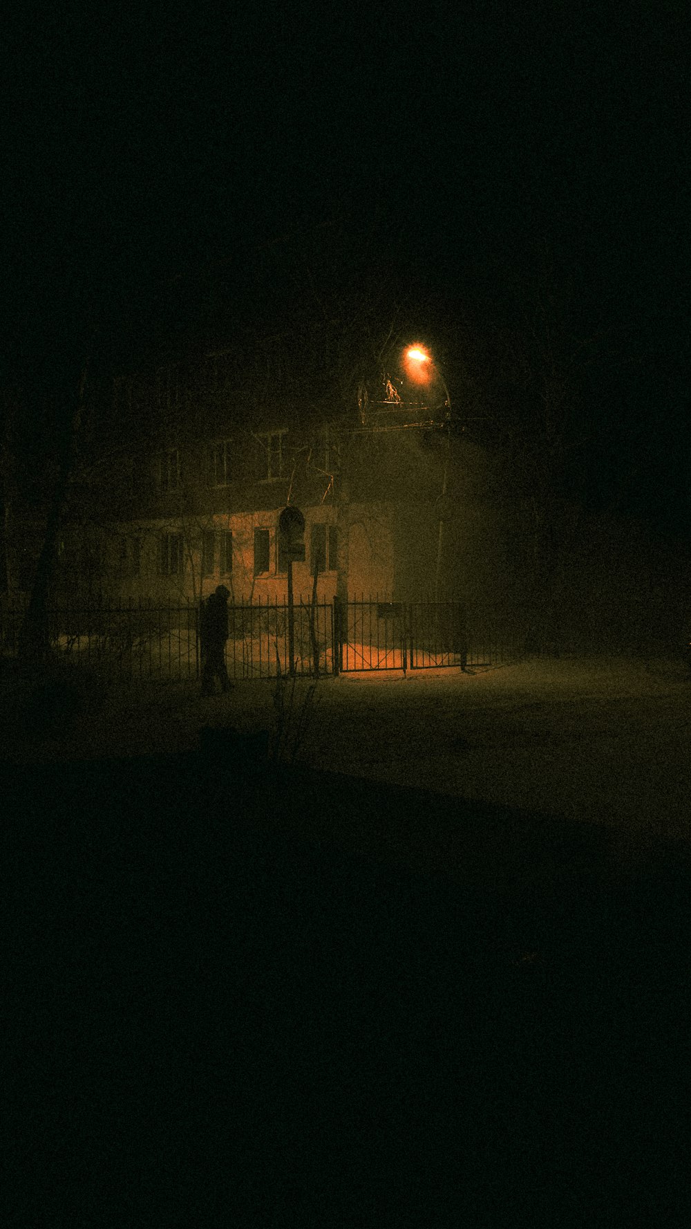 una persona parada frente a una casa por la noche