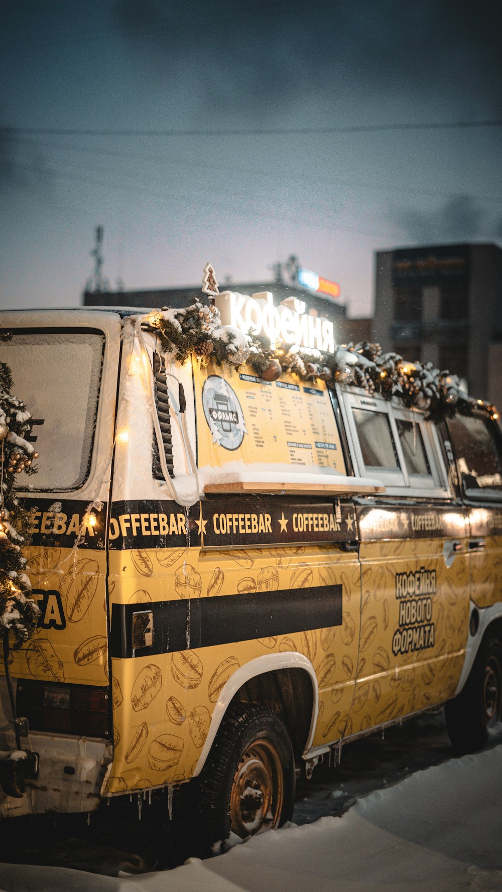 a yellow van parked on the side of the road