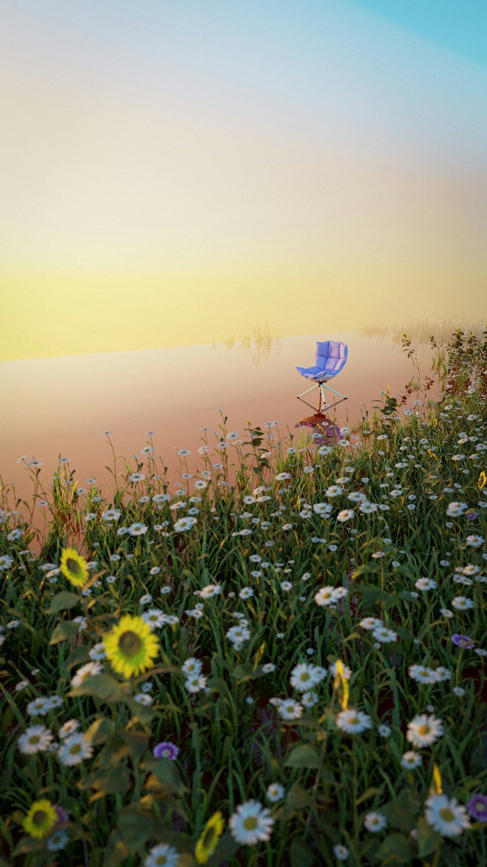 a chair sitting in the middle of a field of flowers