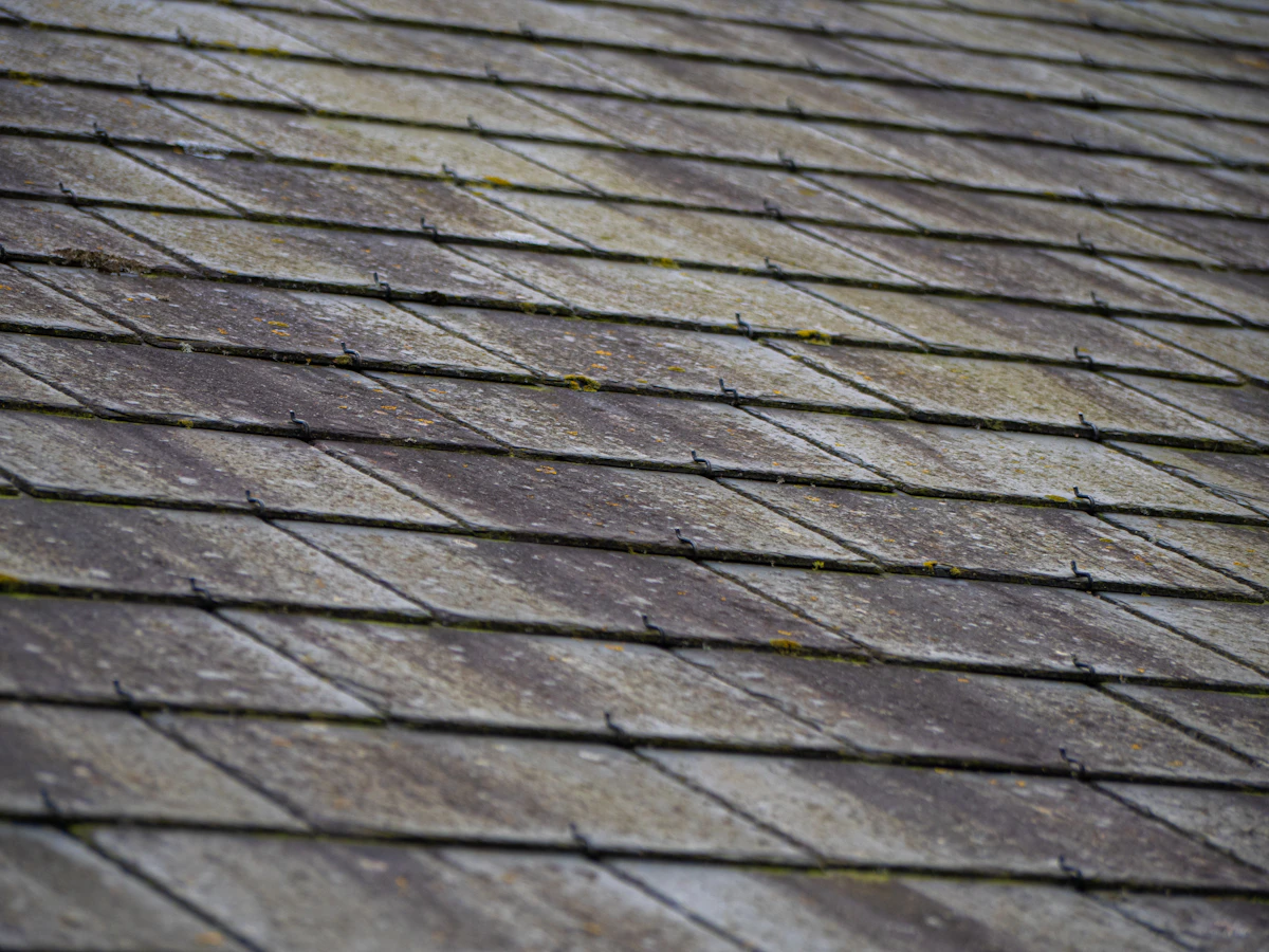 Grey slate courses on a weathered roof