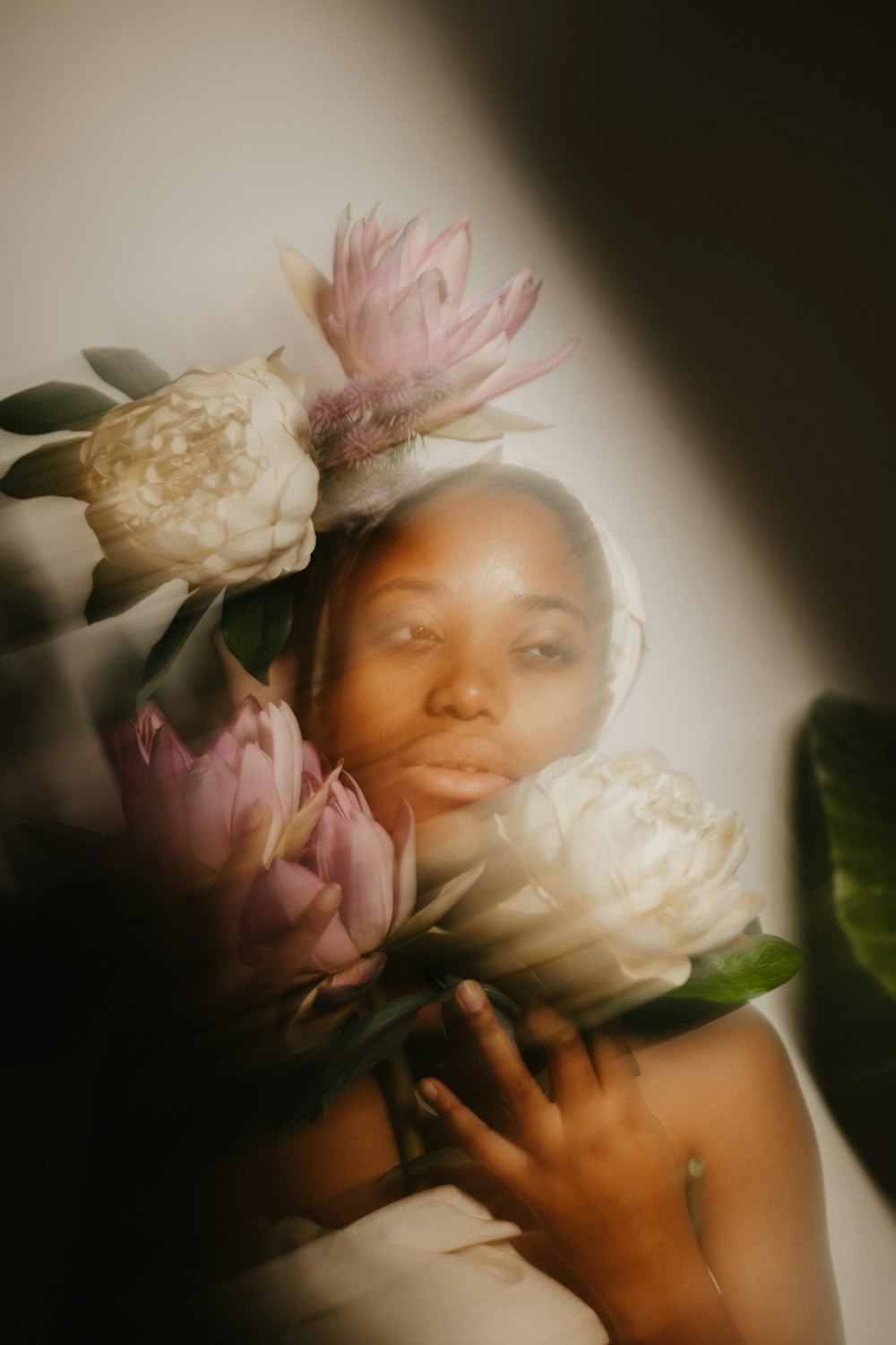 a woman with flowers in her hair