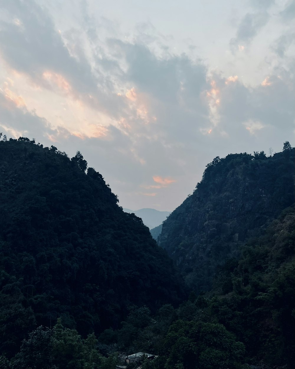 a view of a mountain range with trees and a cloudy sky