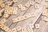 scrabbled letters spelling growth on a wooden surface