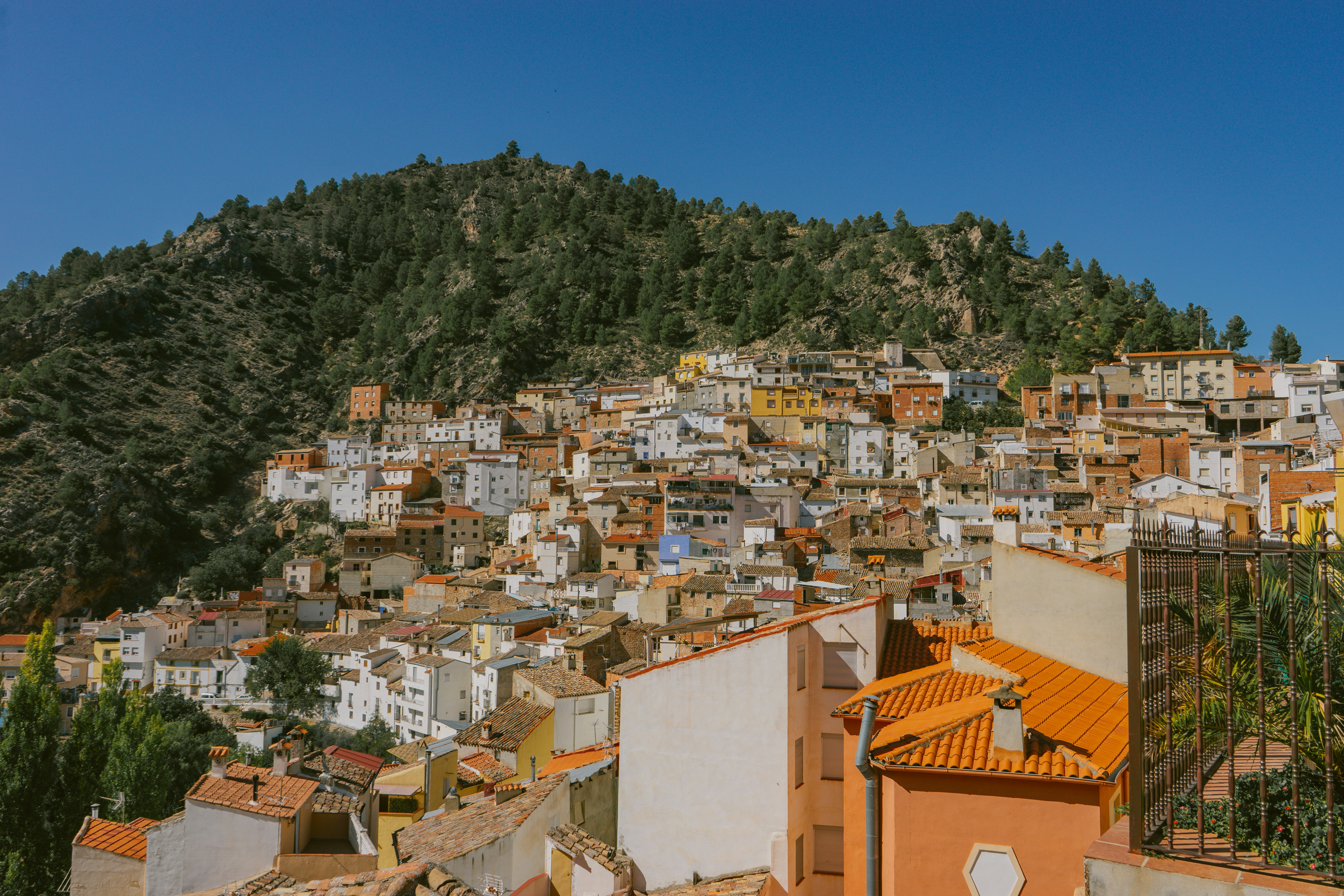 a view of a city with a mountain in the background