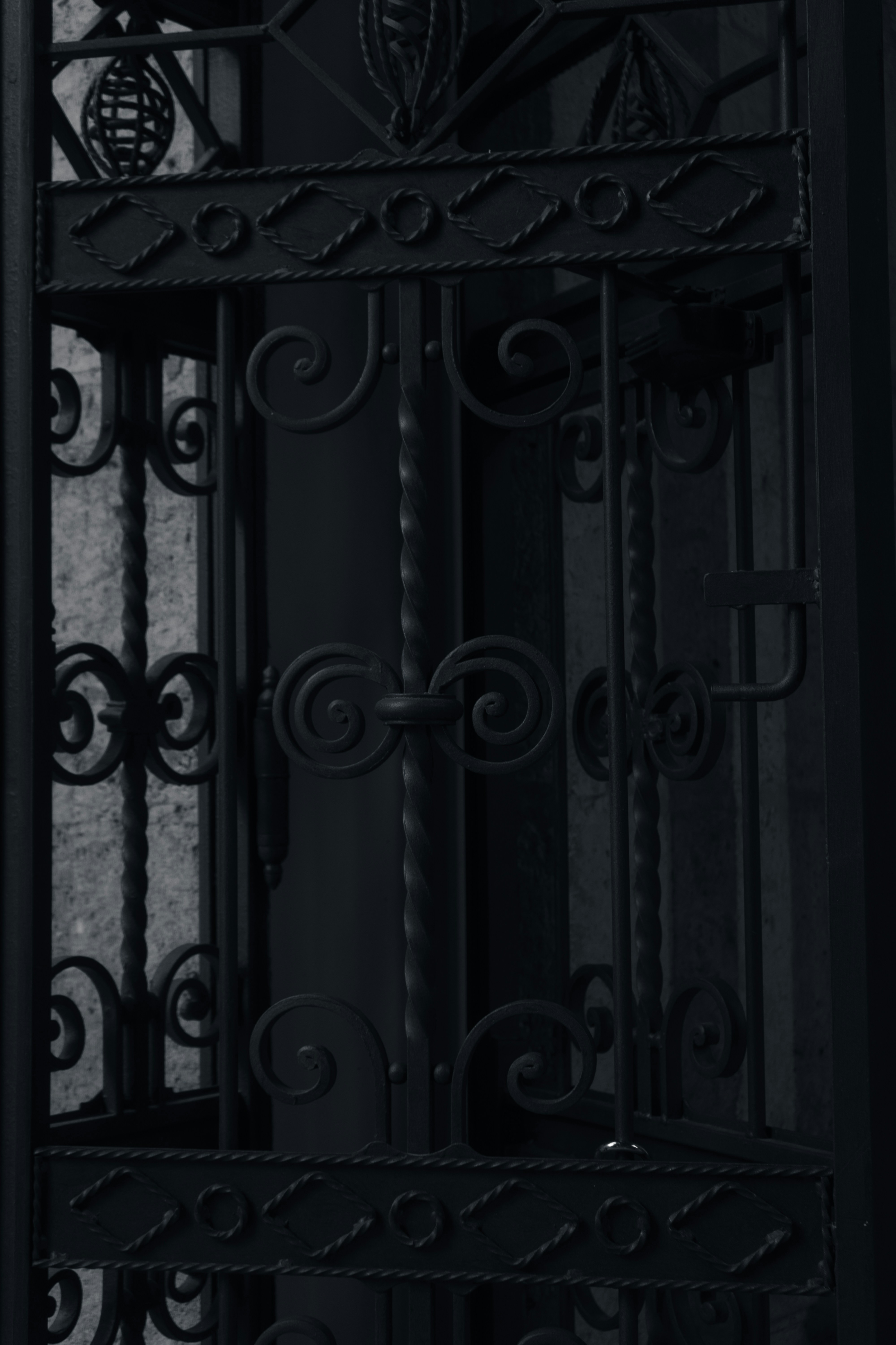 a black and white photo of an iron gate