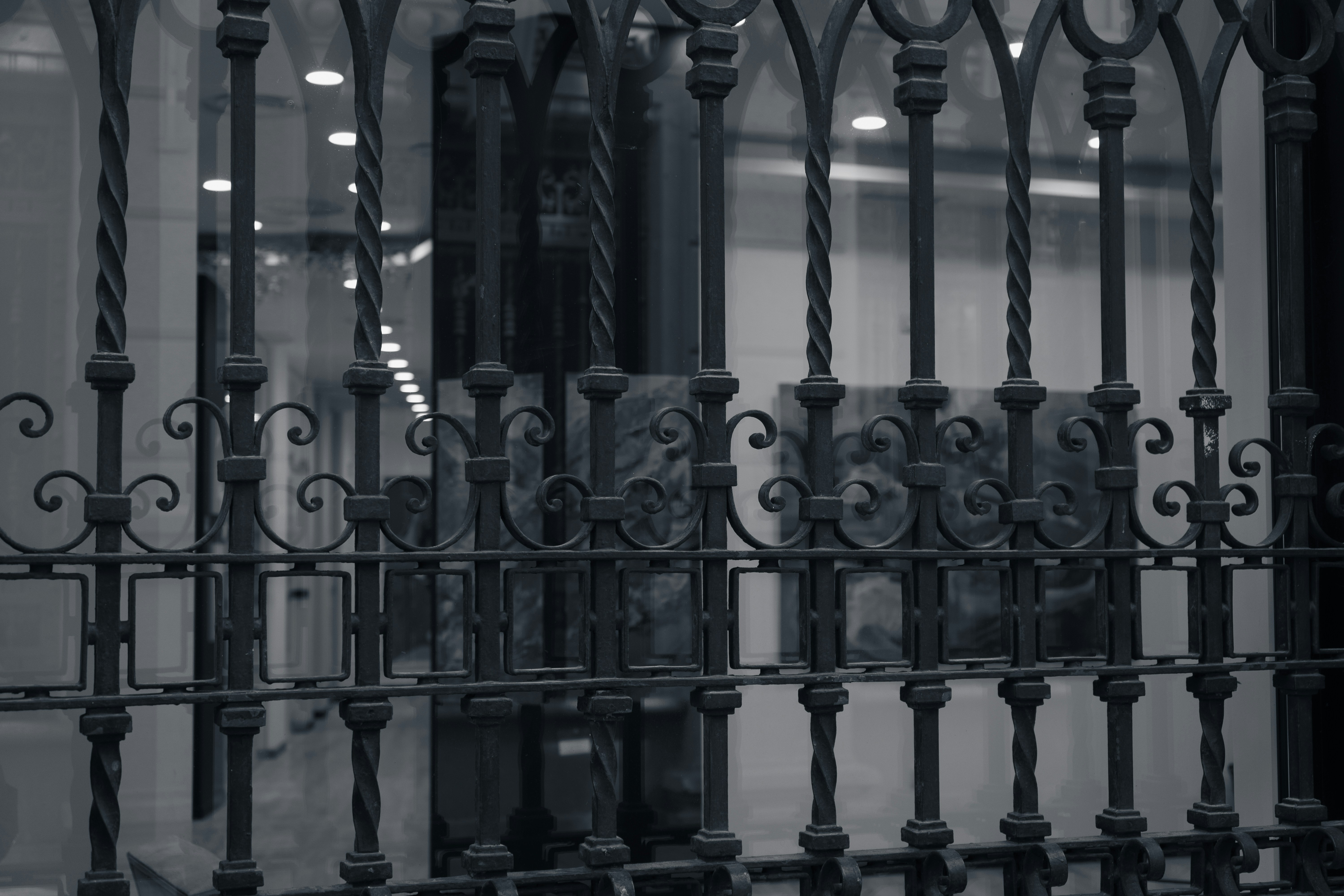 a black and white photo of a metal fence