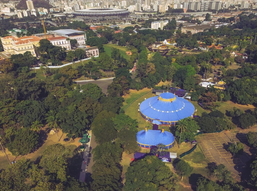 an aerial view of a park with trees and buildings in the background