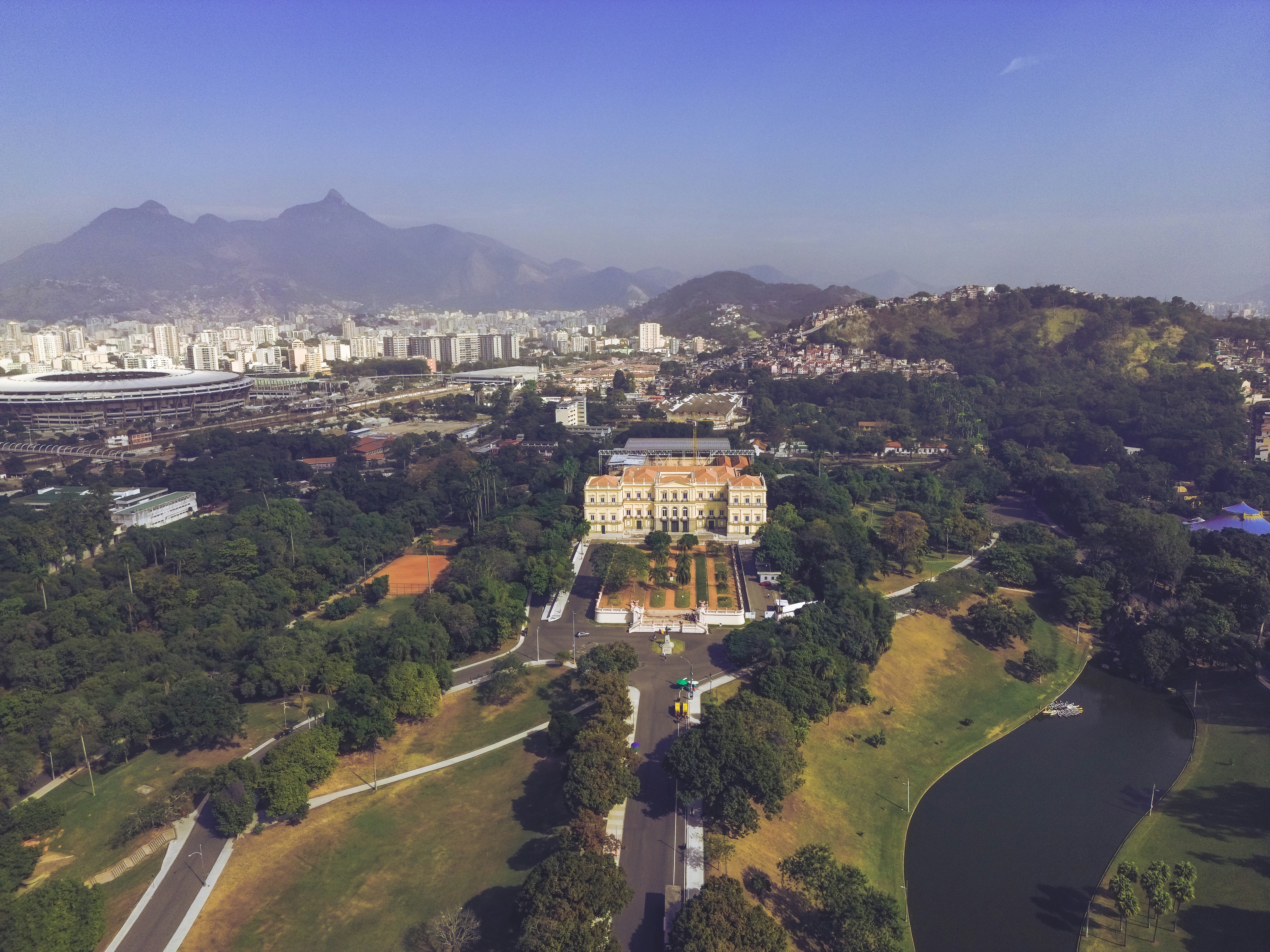 an aerial view of a large building in a city