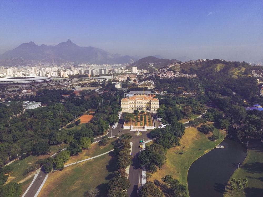 an aerial view of a large building in a city