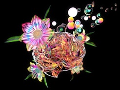 a digital painting of a flower and bubbles