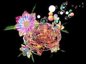 a digital painting of a flower and bubbles