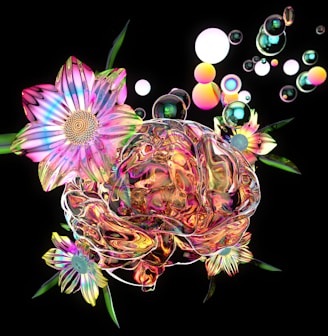 a digital painting of a flower and bubbles