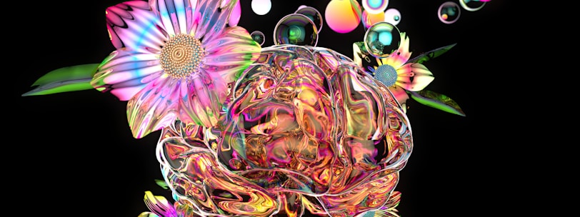 a digital painting of a flower and bubbles