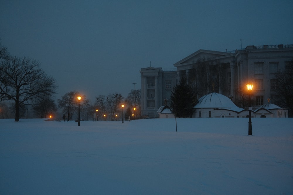 a snowy field with street lights and buildings in the background