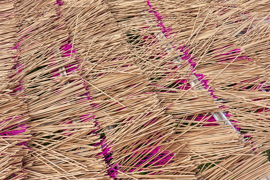 a bird sitting on top of a straw covered umbrella