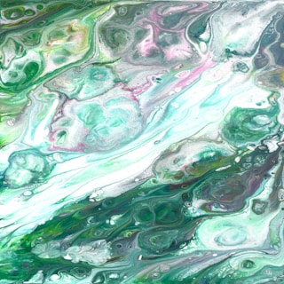 an abstract painting with green and blue colors