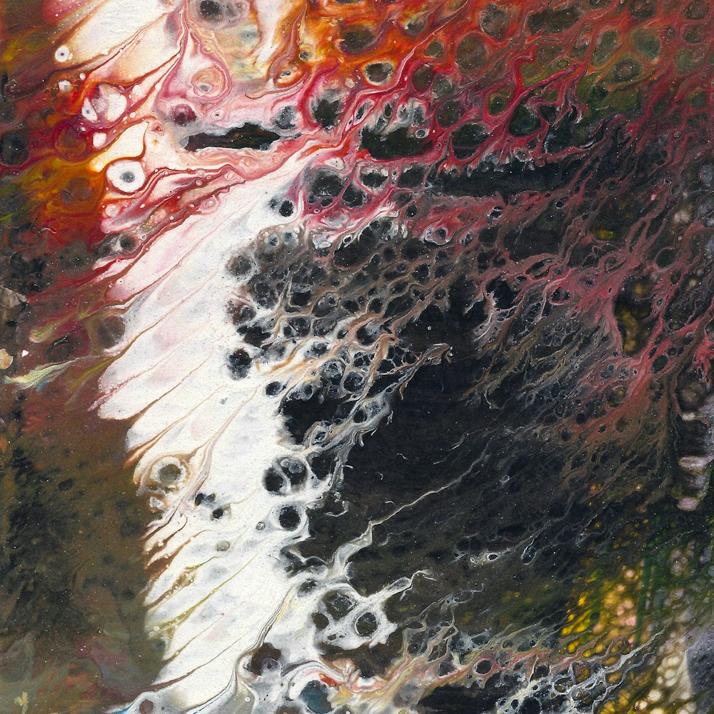 an abstract painting of water and trees