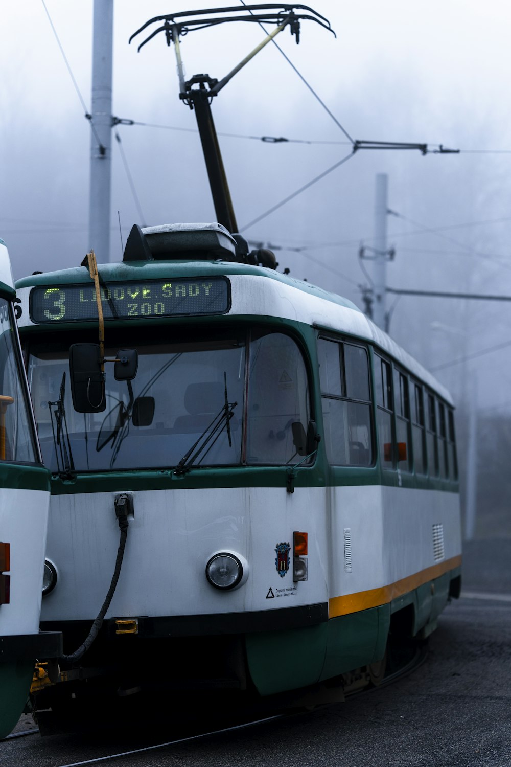 a green and white trolly on a foggy day