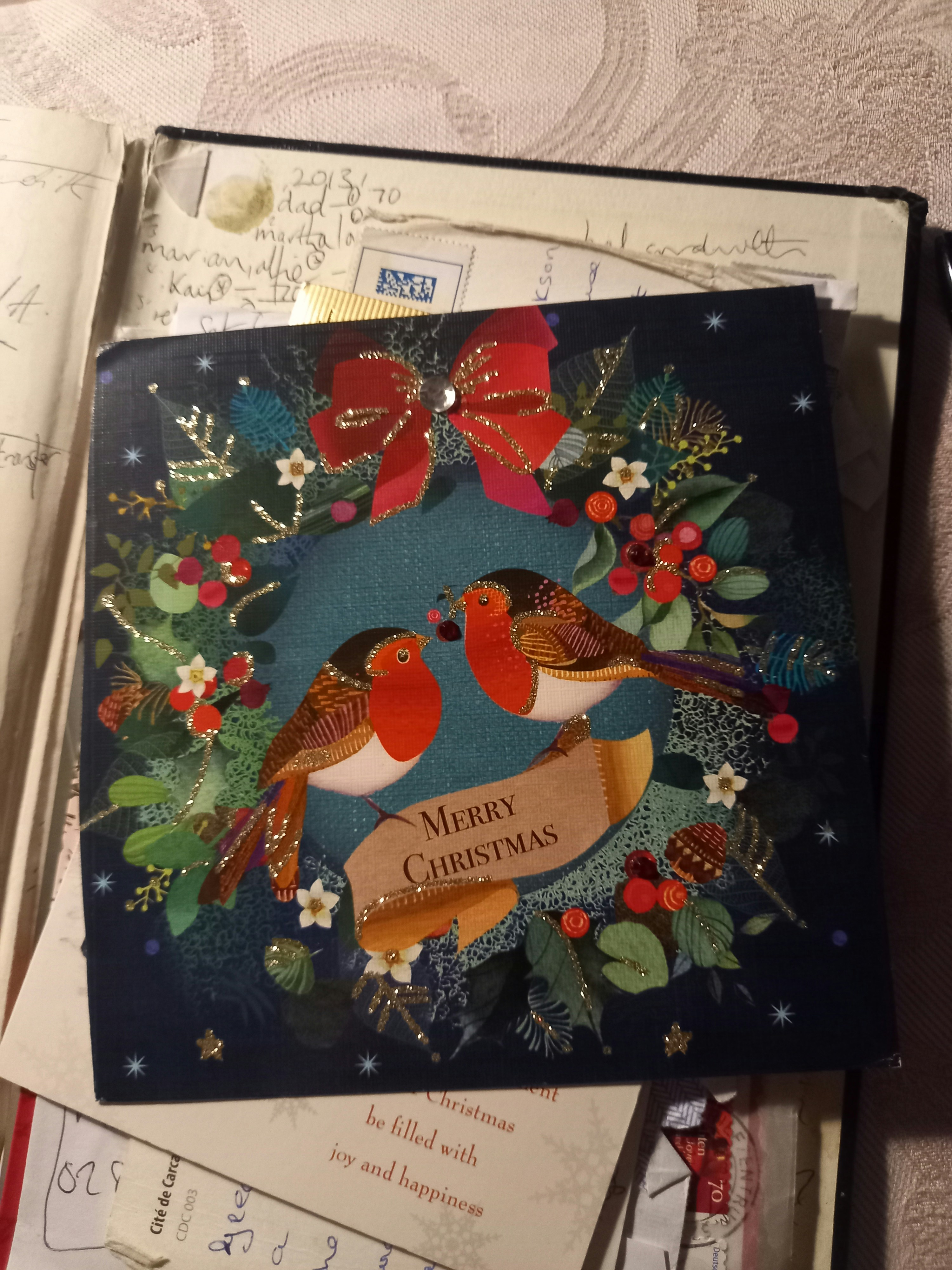 Una tarjeta de Navidad con dos pájaros