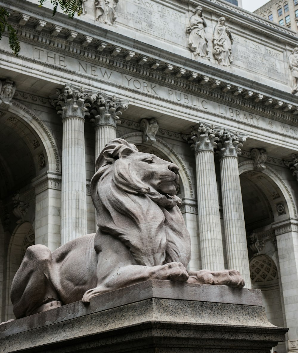 a statue of a lion in front of a building