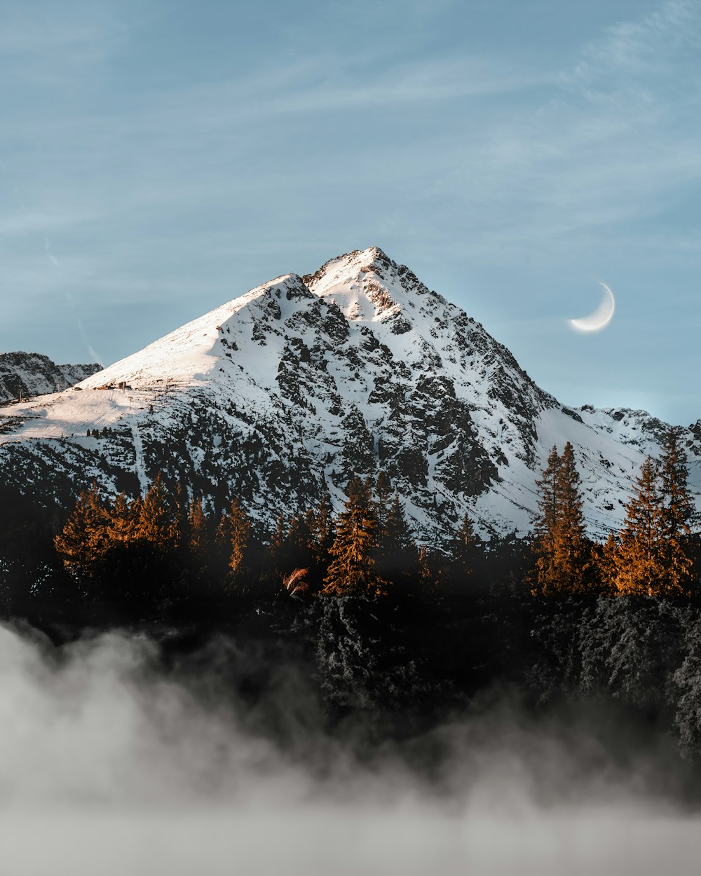 ein schneebedeckter Berg mit Bäumen im Vordergrund