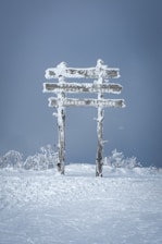 a wooden sign sitting on top of a snow covered slope