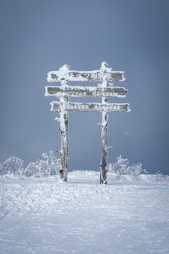 a wooden sign sitting on top of a snow covered slope