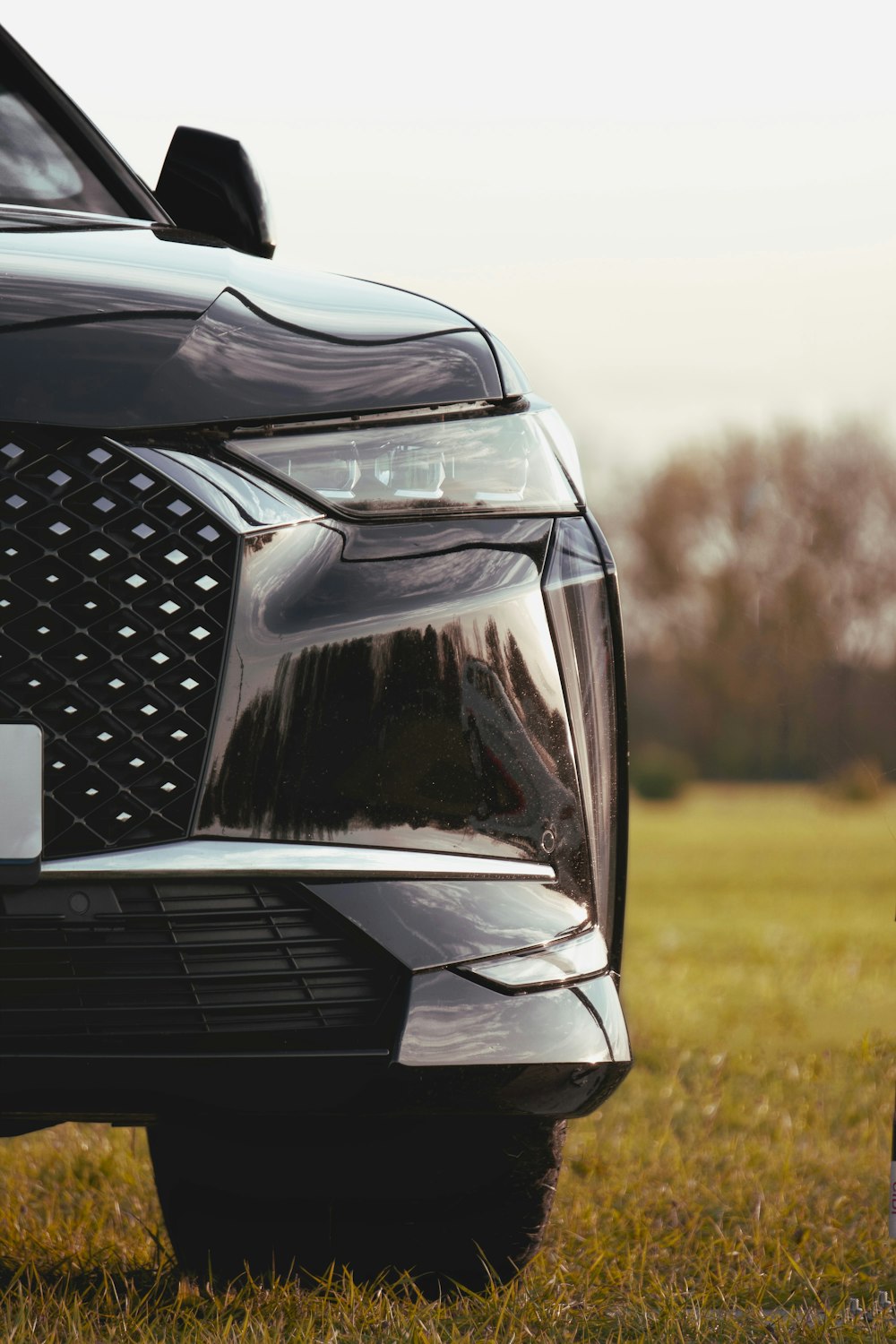 a close up of a car parked in a field