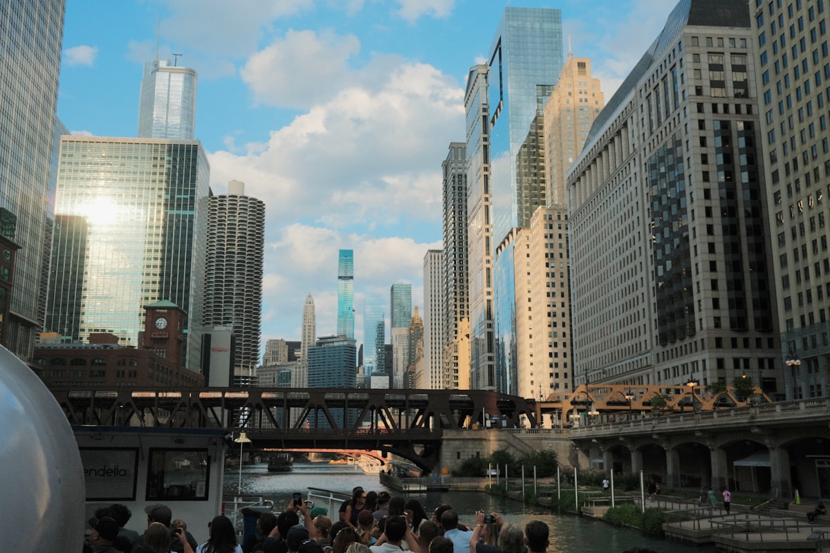 Chicago Riverwalk under the Loop towers