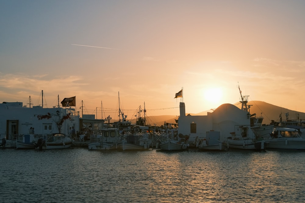 a group of boats sitting in a harbor at sunset