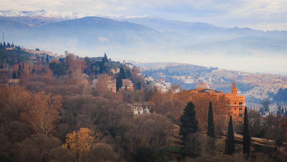 a view of a city with mountains in the background