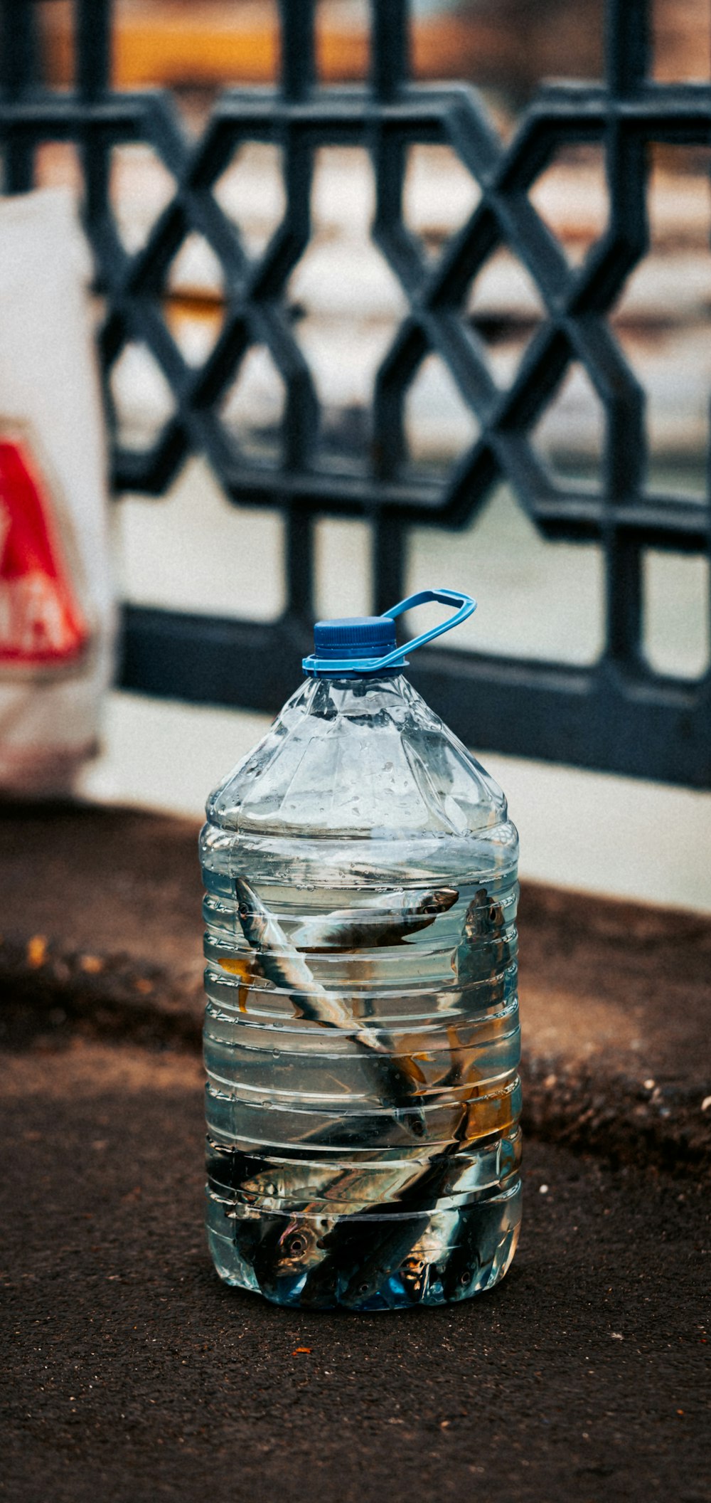 a bottle of water sitting on the ground