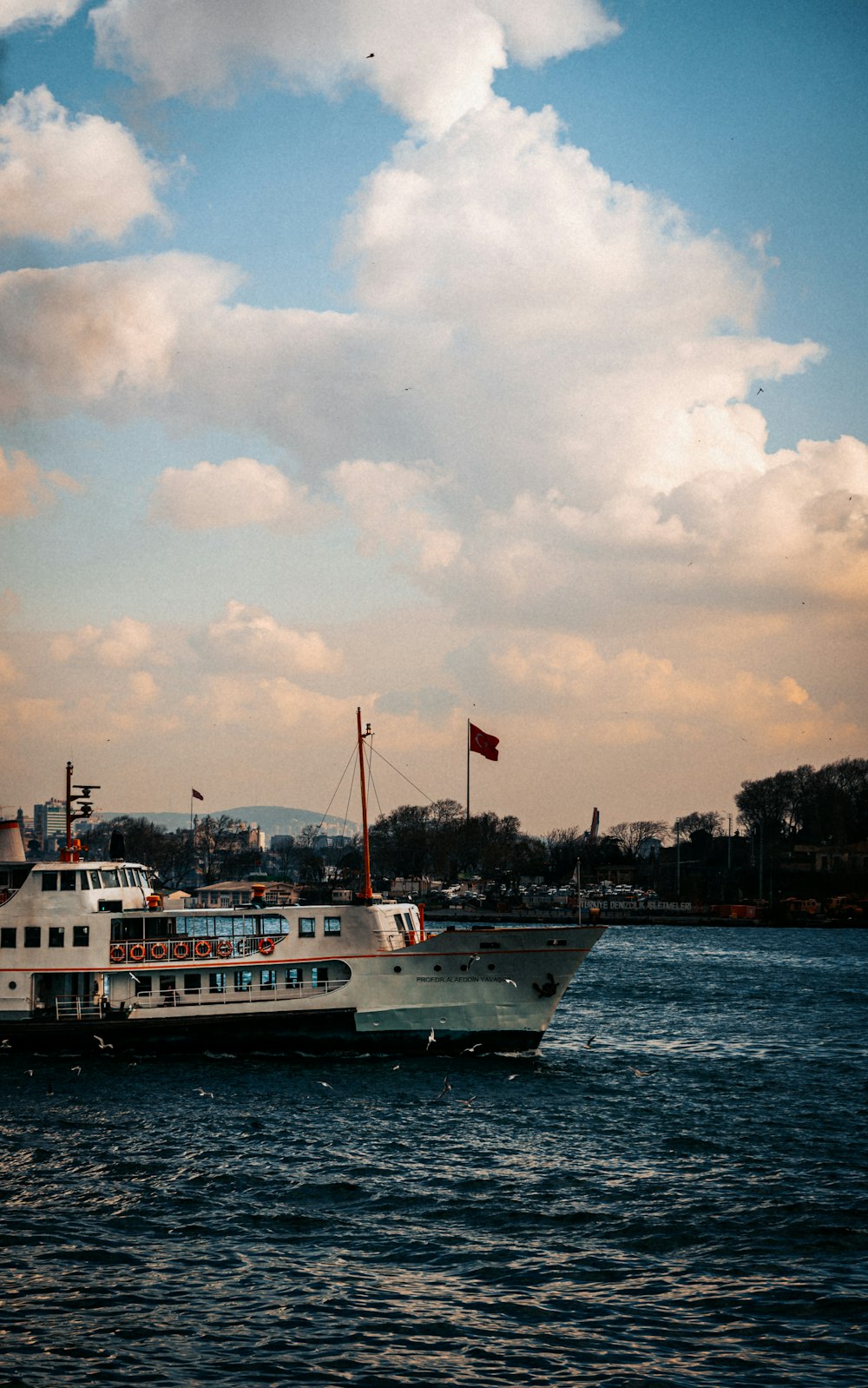 a large white boat floating on top of a body of water