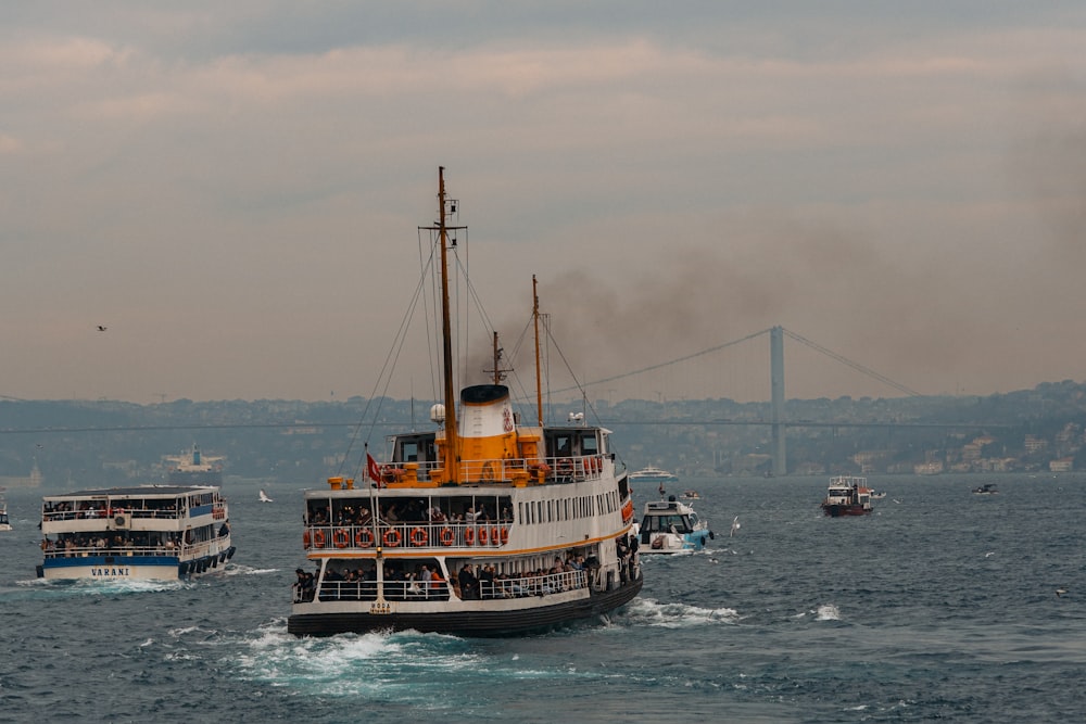 a large boat in the middle of a body of water