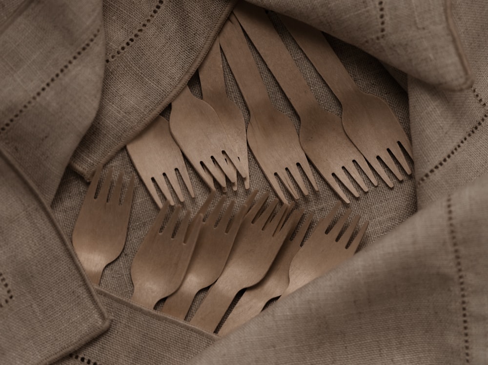 a group of forks sitting on top of a piece of cloth