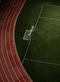 an overhead view of a soccer goal on a soccer field
