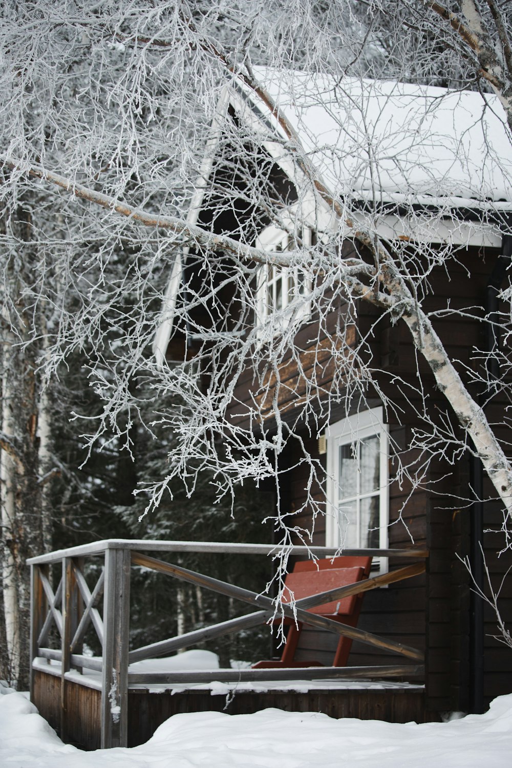 a cabin in the woods with snow on the ground